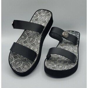 Brighton Sandals Size 10 Leather Black Medallion Wedge Cushioned Slip On